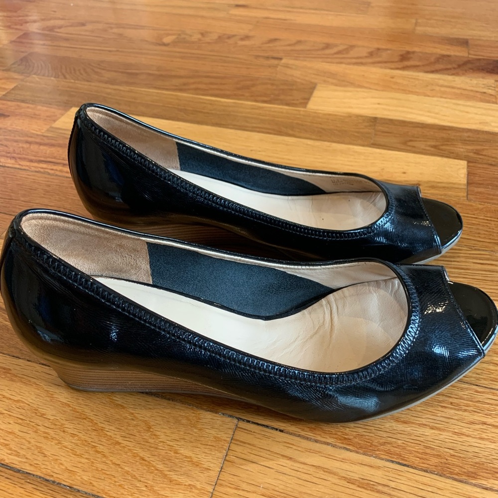 Cole Haan black patent leather wedge heel peep toe